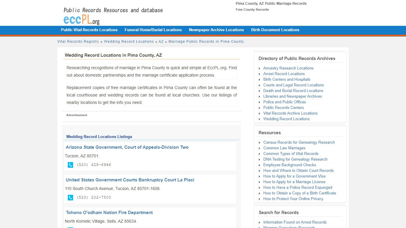 Pima County, AZ Public Marriage Records - Free County Records - EccPL.org